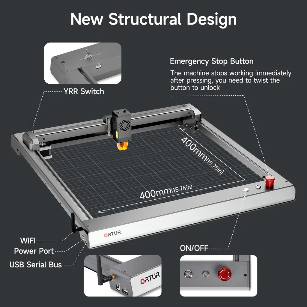 ORTUR Laser Master 3 with Foldable Feet 10W Output Power Laser Engraver 0.05X0.1Mm Compressed Spot for Wood MDF 15.75"X15.75"